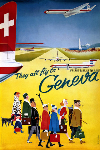 They all fly to Geneva, Swissair Vintage Poster