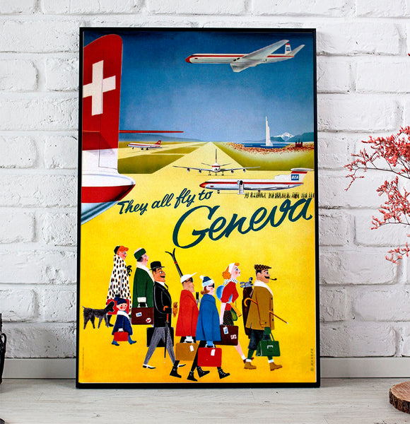 They all fly to Geneva, Swissair Vintage Poster