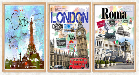 Famous Europa Cities: 3 Poster (3 Poster Print or Canvas)(Paris, London, Roma or choose your three favorite Posters)