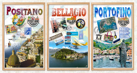 Famous Italy Cities: 3 Poster (3 Poster Print or Canvas)(Portofino, Positano, Bellagio or choose your three favorite Posters)