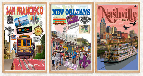 Famous USA Cities: 3 Poster (3 Poster Print or Canvas)(San Francisco,New Orleans, Nashville or choose your three favorite Posters)