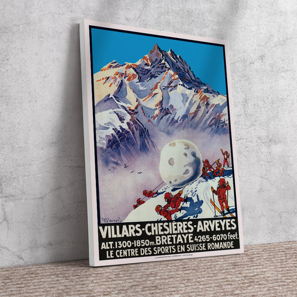 Villars - Chesières - Arveyes - Bretaye, le centre des sports en Suisse Romande Poster by Flemwell 1928 canvas