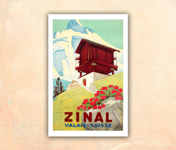 Zinal, station d'été et d'hiver, Swiss Vintage Travel Poster by Hermès 1950