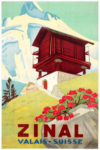 Zinal, station d'été et d'hiver, Swiss Vintage Travel Poster by Hermès 1950