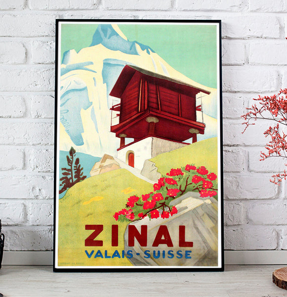 Zinal, station d'été et d'hiver, Swiss Vintage Travel Poster by Hermès 1950