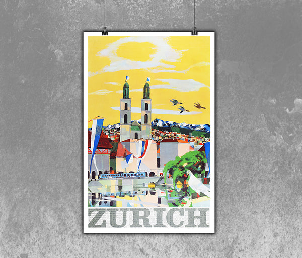 Zurich Switzerland Vintage Travel Poster 1950s.