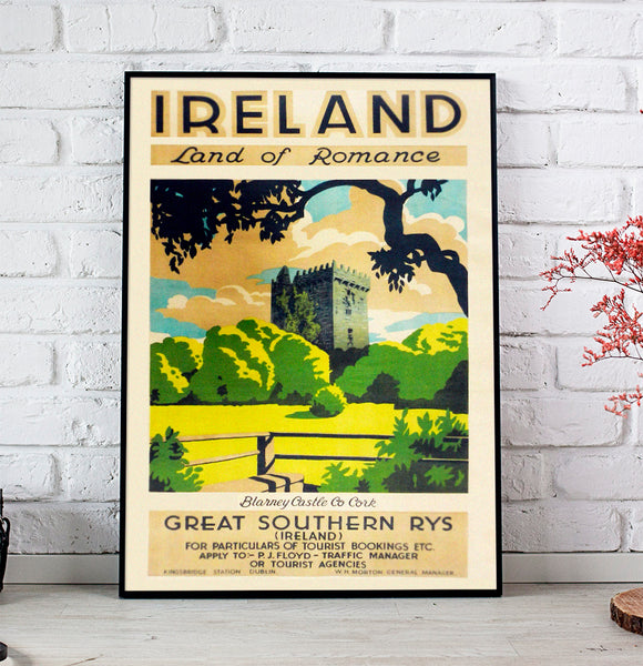 İreland Land of Romance Railway Poster Blarney Castle Co- Cork