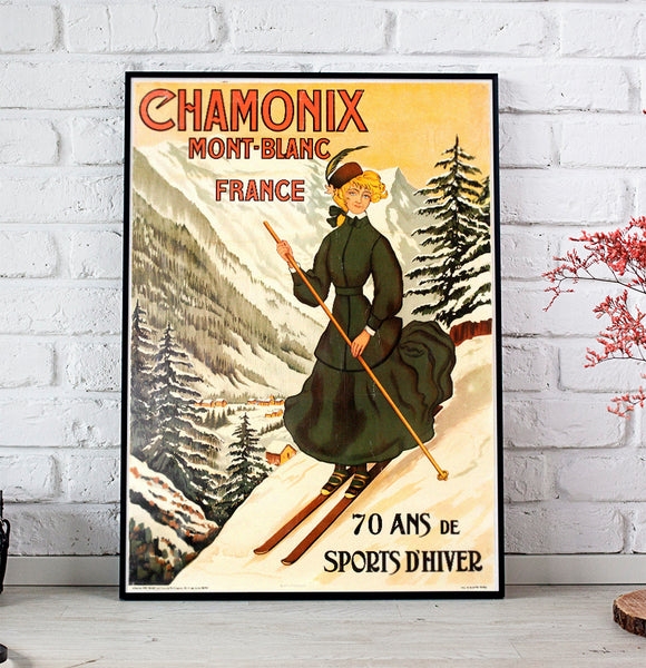 Chamonix, Mont Blanc-France,  Skiing, Vintage Poster 70th Anniversary Poster