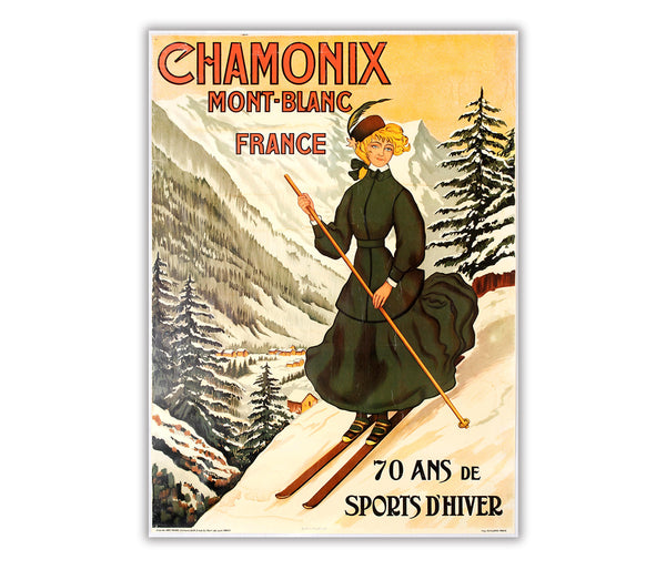 Chamonix, Mont Blanc-France,  Skiing, Vintage Poster 70th Anniversary Poster