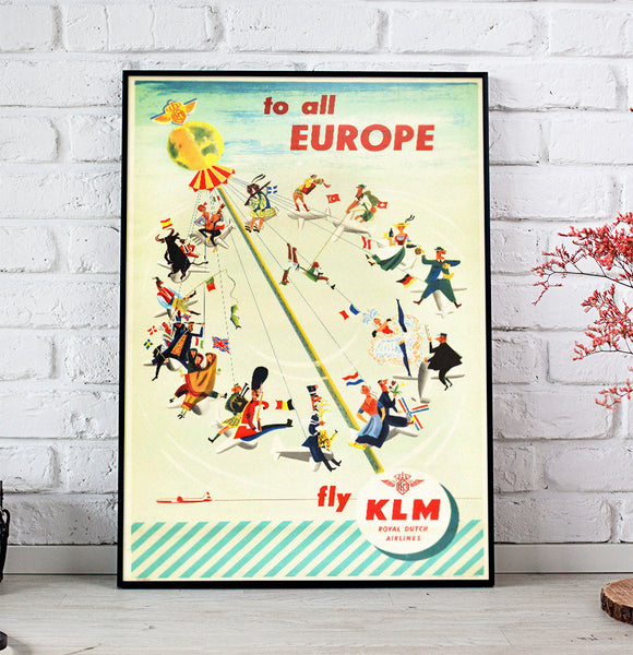 Fly to Europe, KLM Airlines Travel  Poster