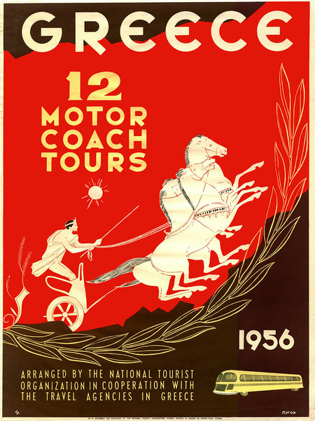 Greece 12 Motor Coach Tour 1956 Vintage Travel Poster,