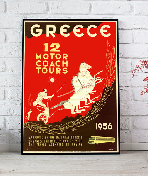 Greece 12 Motor Coach Tour 1956 Vintage Travel Poster,