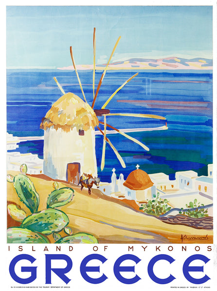 The Island of Mykonos with its Windmills Vintage Travel Poster