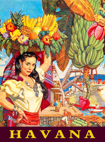 Havana Habana Cuba Cuban Caribbean Island Girl with Basket of Bananas  Travel Poster