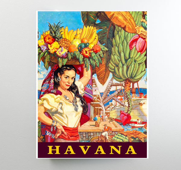 Havana Habana Cuba Cuban Caribbean Island Girl with Basket of Bananas  Travel Poster