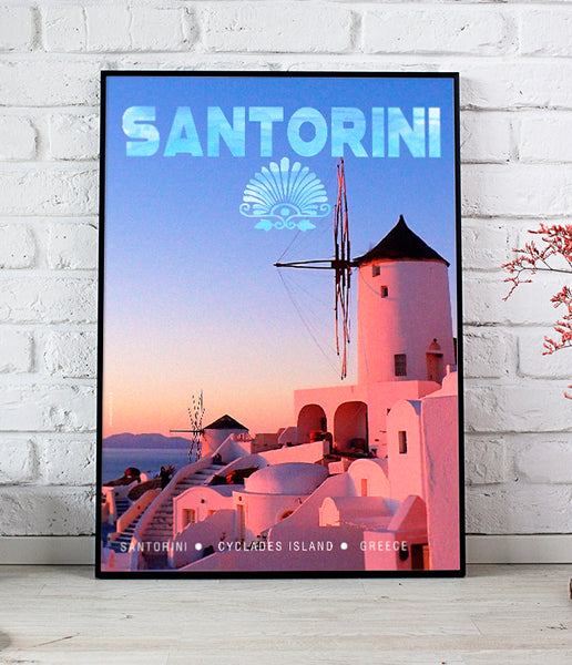 Santorini Island  Greece, Poster Windmills on Sunset